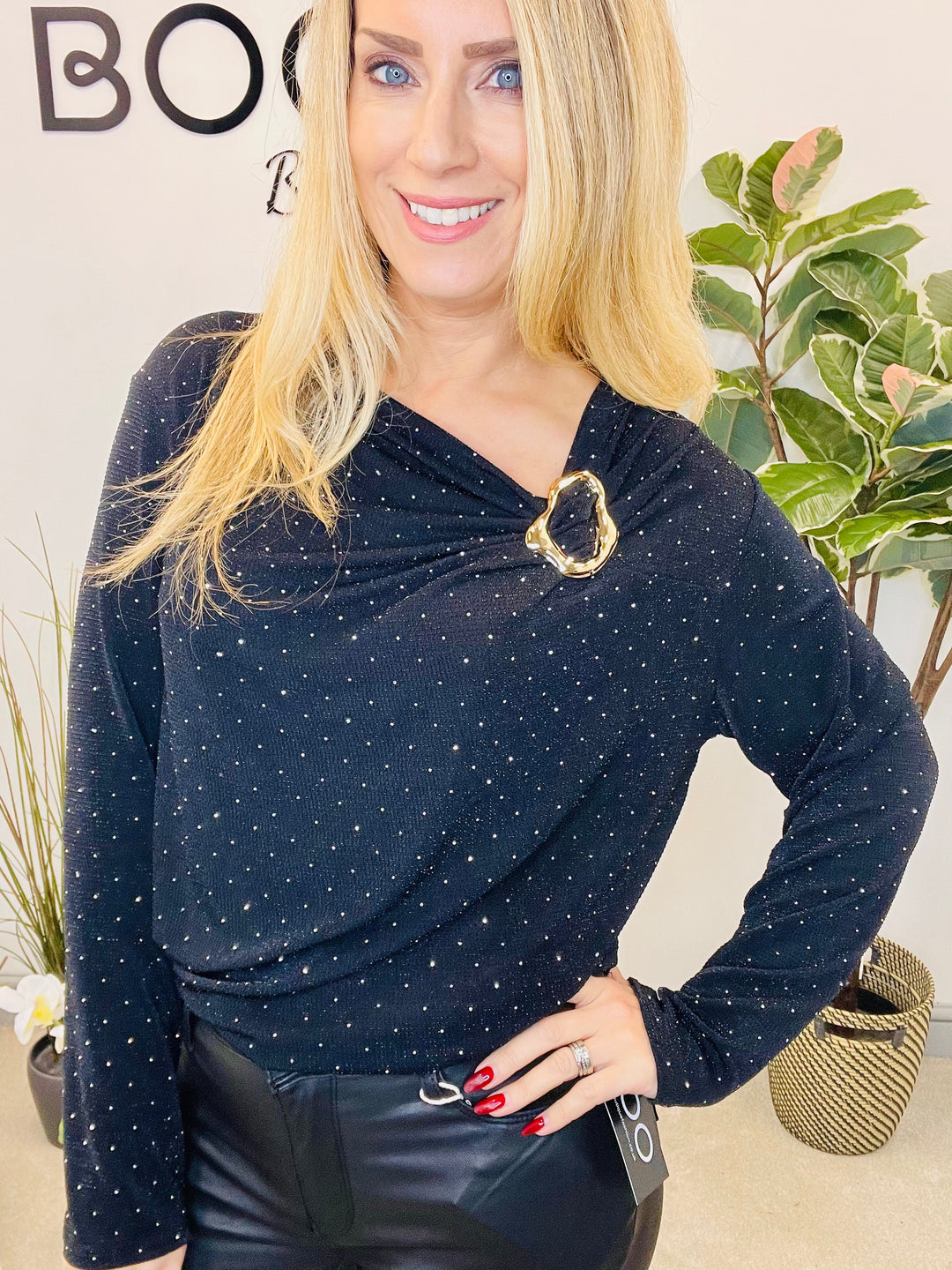 LADIES LUREX PARTY TOP - BLACK, RED, SILVER