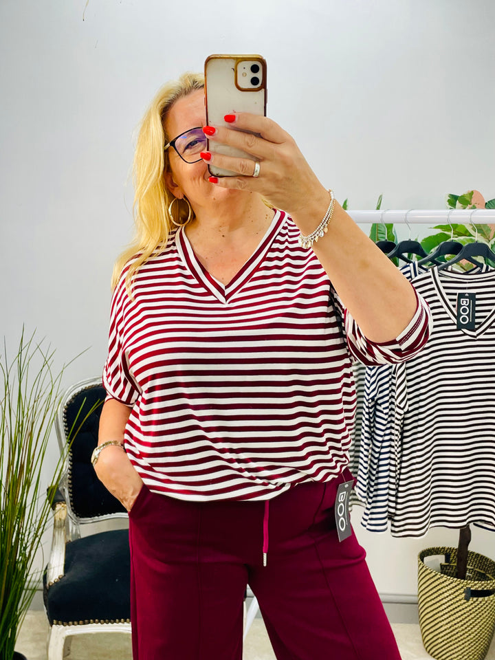 LADIES CASUAL STRIPE LOOSE FIT TOP - KHAKI, NAVY, WINE, BLACK & BROWN