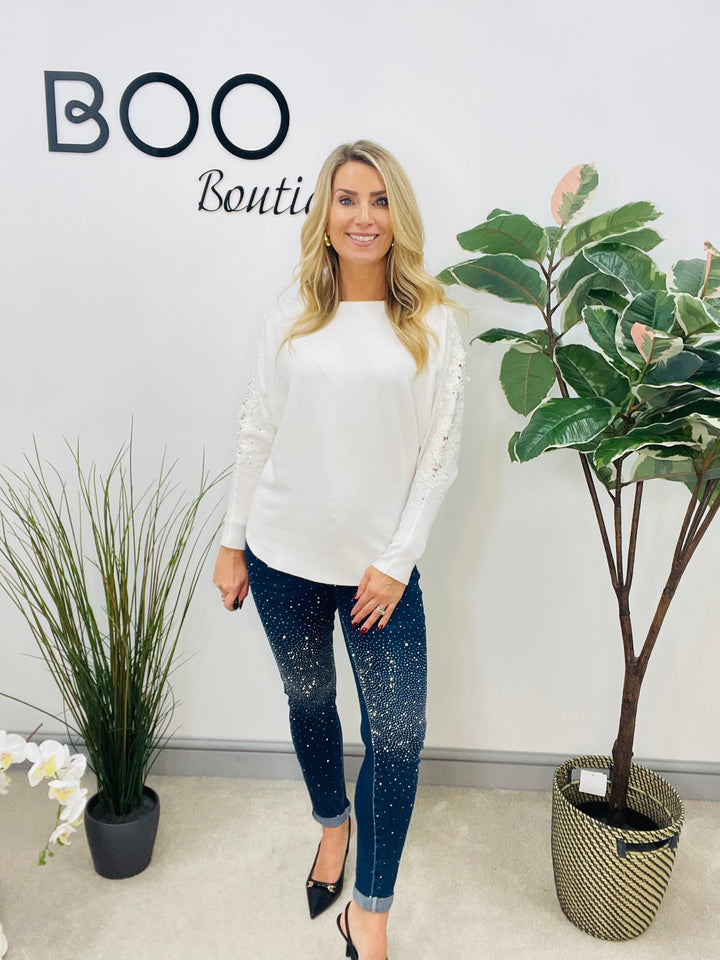 LADIES DIAMANTE SLEEVE BATWING JUMPER WHITE