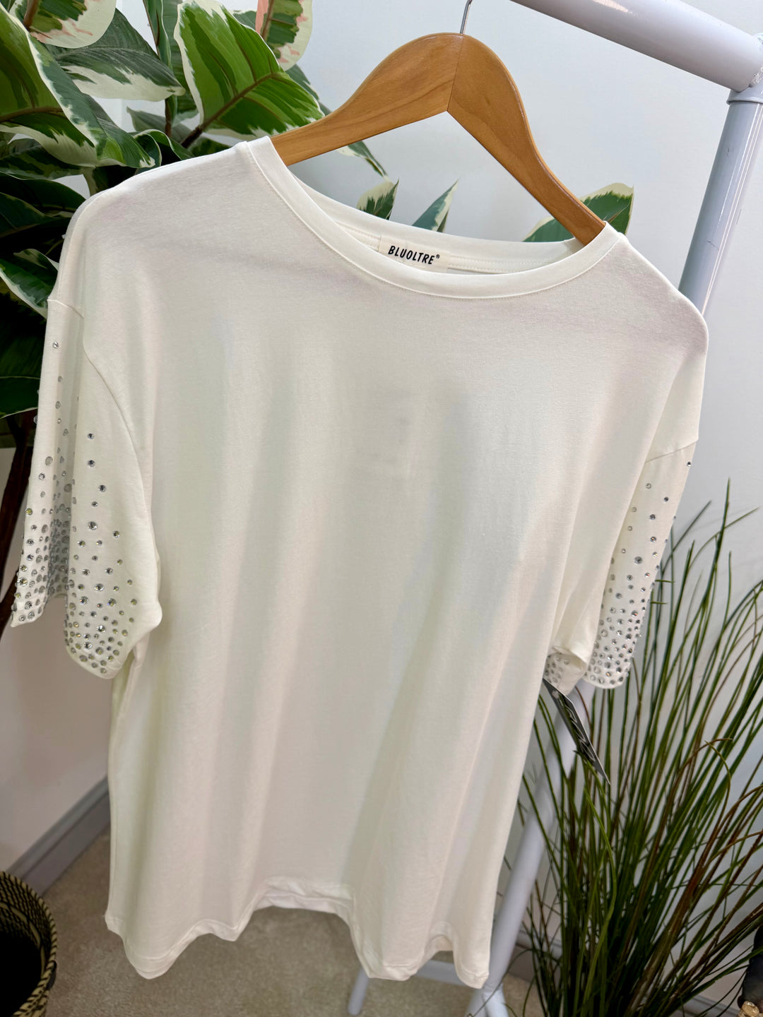 LADIES FASHION DIAMANTE T SHIRT - BLACK, WHITE & YELLOW