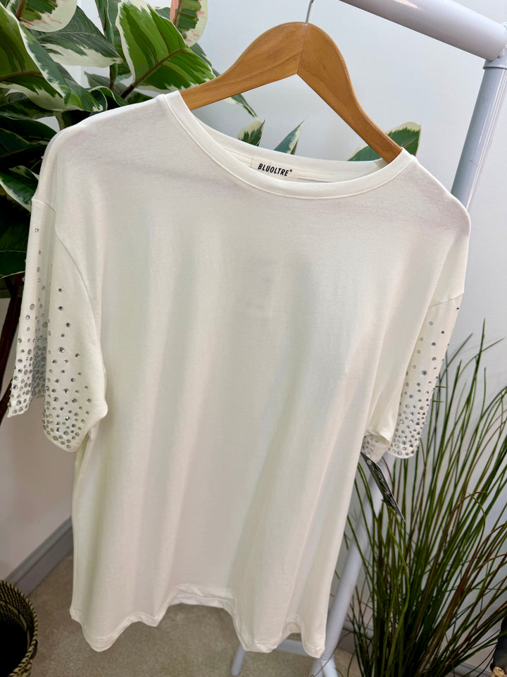 LADIES FASHION DIAMANTE T SHIRT - BLACK, WHITE & YELLOW