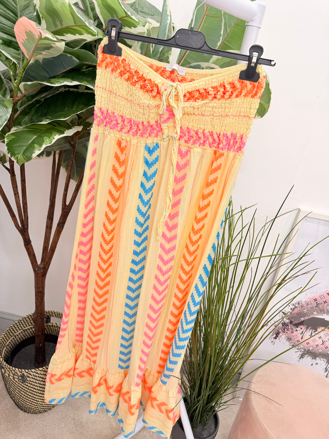 Ladies Fashion Linen Aztec Print Summer Maxi Dress - Blue, Lemon, Pink