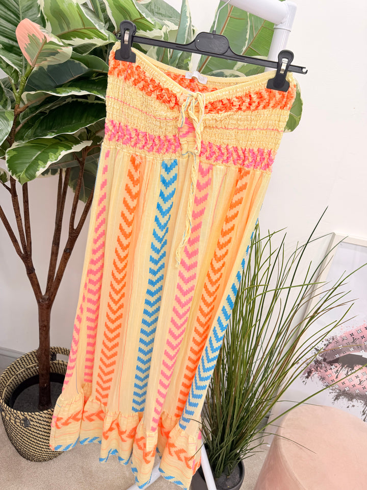 Ladies Fashion Linen Aztec Print Summer Maxi Dress - Blue, Lemon, Pink