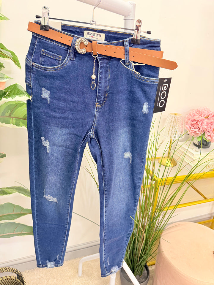 Ladies Fashion Blue Denim Distressed Skinny Jeans 