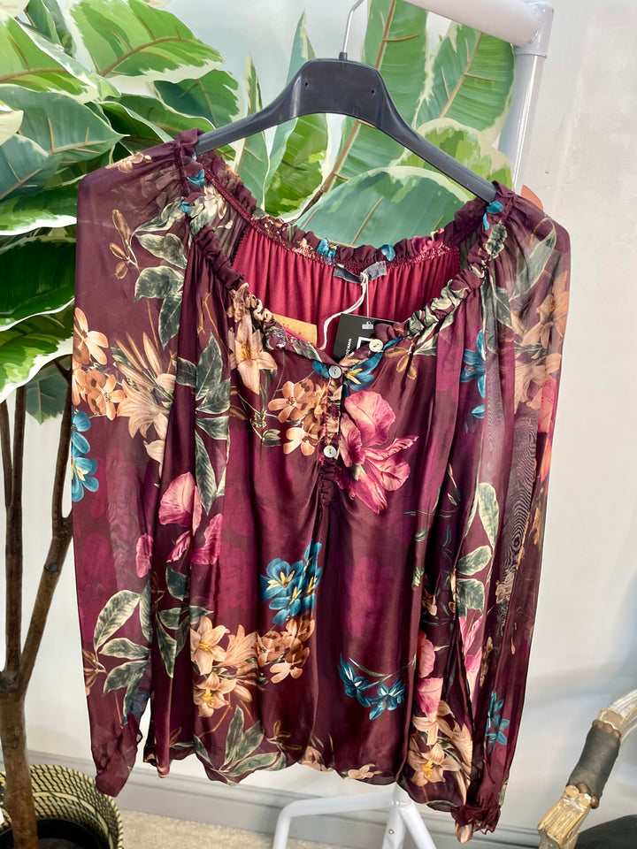 LADIES CHIFFON FLORAL PRINT BLOUSE - BROWN, NAVY, BLACK & WINE BURGUNDY