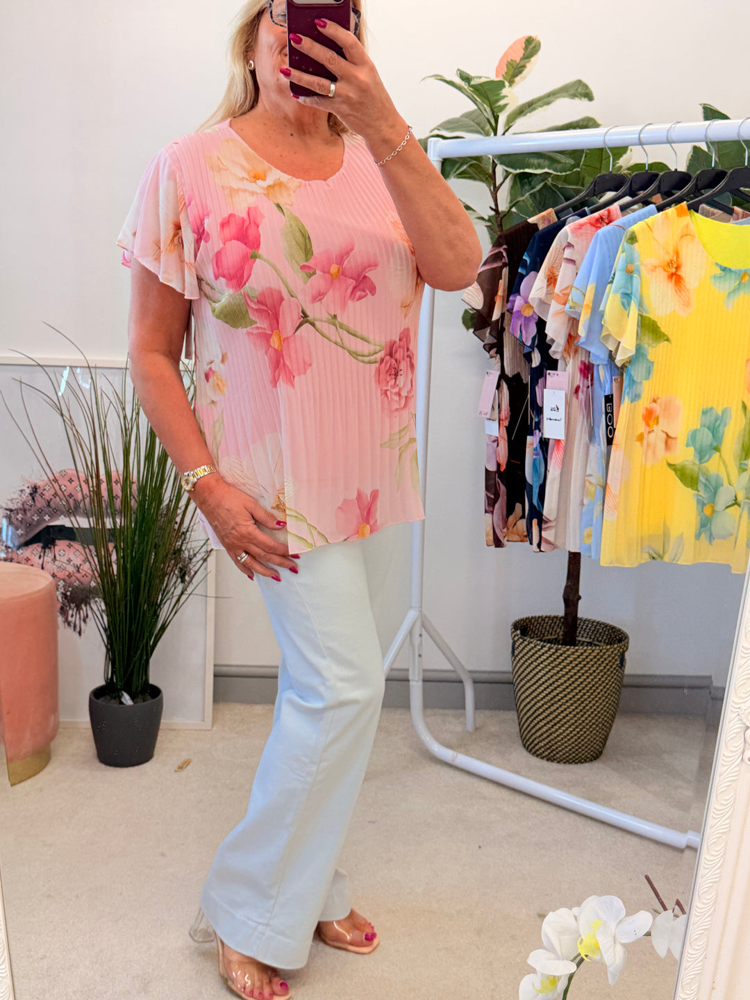Ladies Pleated Floral Print Chiffon Top - Black, Cream, Blue, Lemon, Pink, Navy, Brown