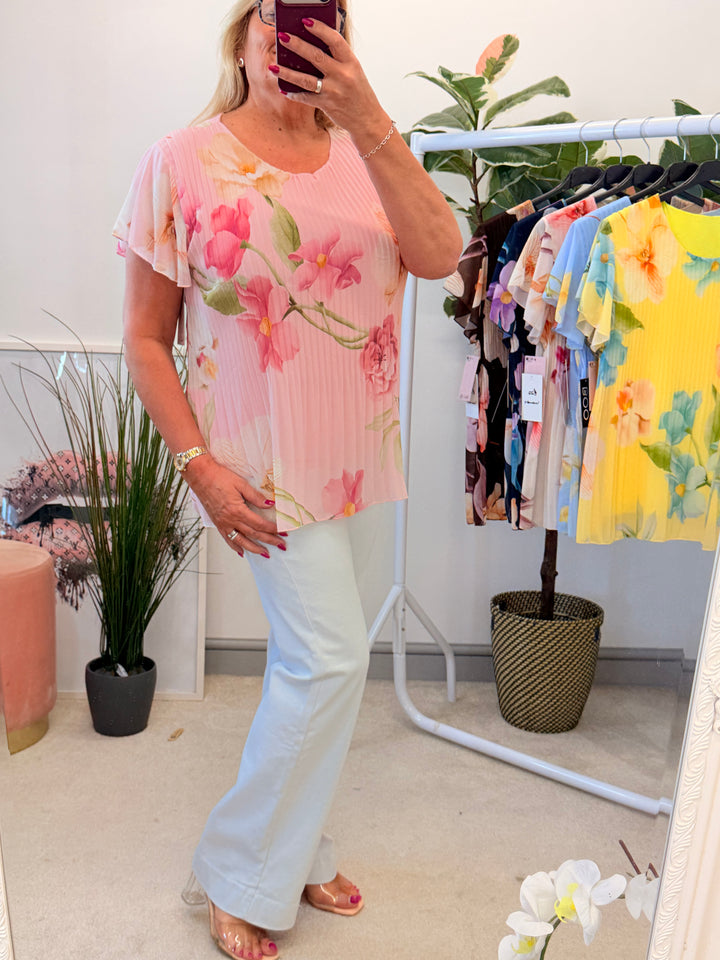 Ladies Pleated Floral Print Chiffon Top - Black, Cream, Blue, Lemon, Pink, Navy, Brown
