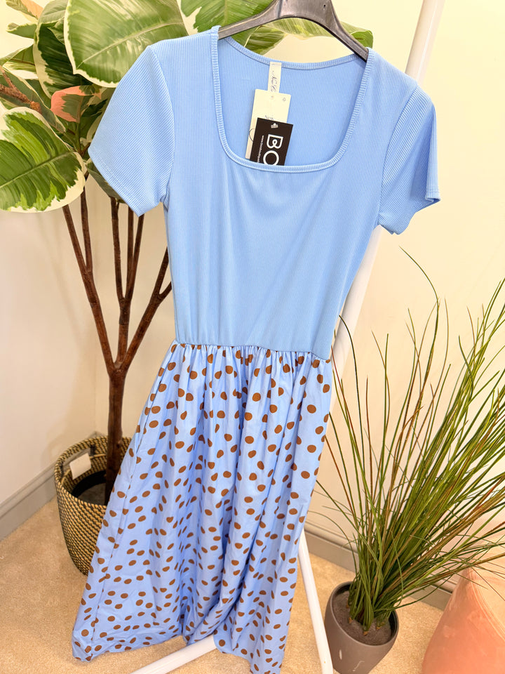 Ladies Fashion T Shirt Polka Dot Midi Dress - Blue, Pink, Black & Lemon