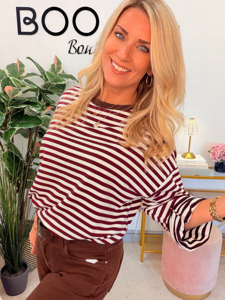 Women’s Stripe Long Sleeve Slouch Top - Wine, Navy, Pink, Brown