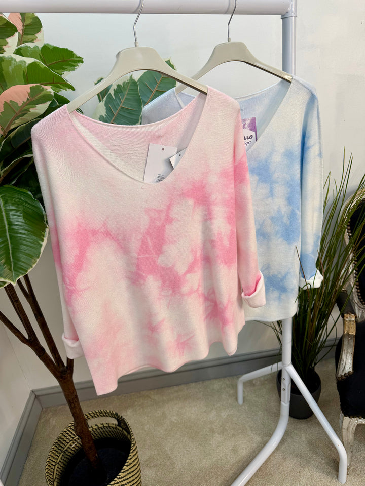 Ladies Fashion Soft Knit White Tye Dye Jumper - pink & blue