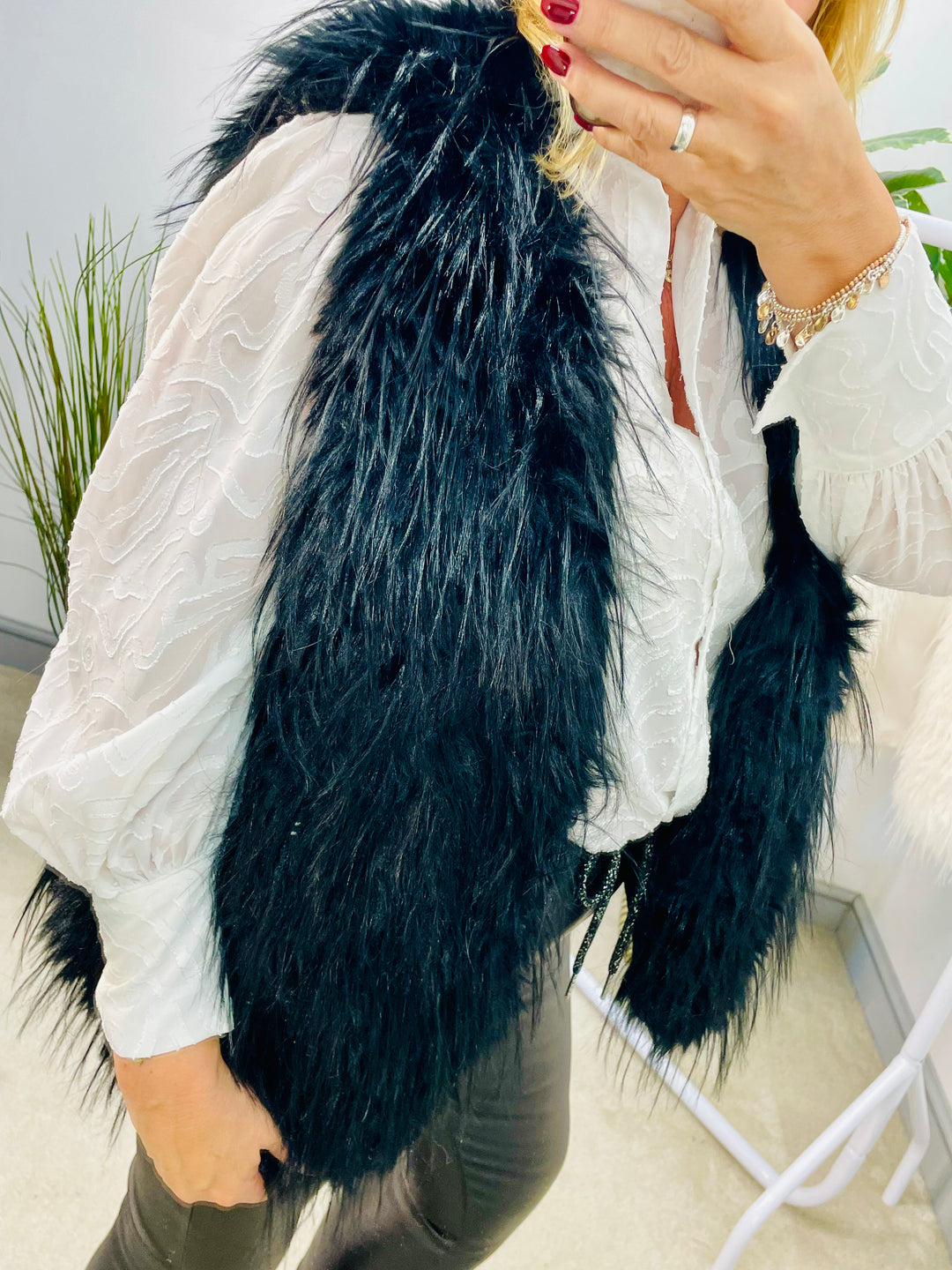 LADIES FLUFFY FURRY GILET - BLACK & WHITE