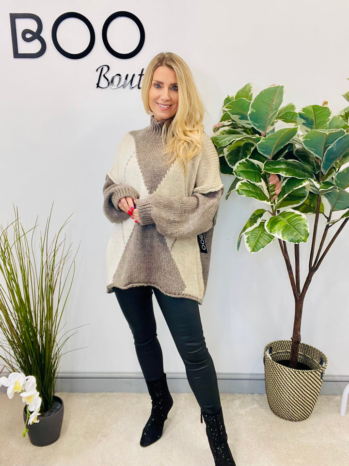 LADIES ARGYLE KNIT OVERSIZE JUMPER - CREAMS, BROWN, BEIGE