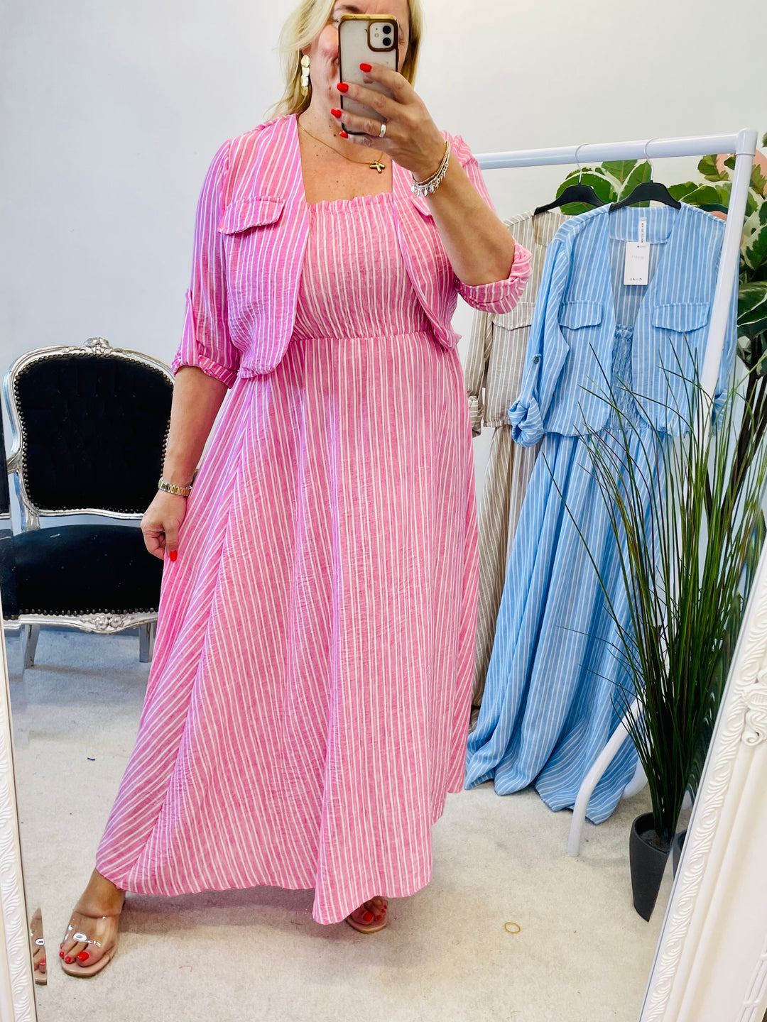 LADIES LINEN STRIPE SUMMER DRESS & JACKET SET - PINK, BEIGE, PALE BLUE