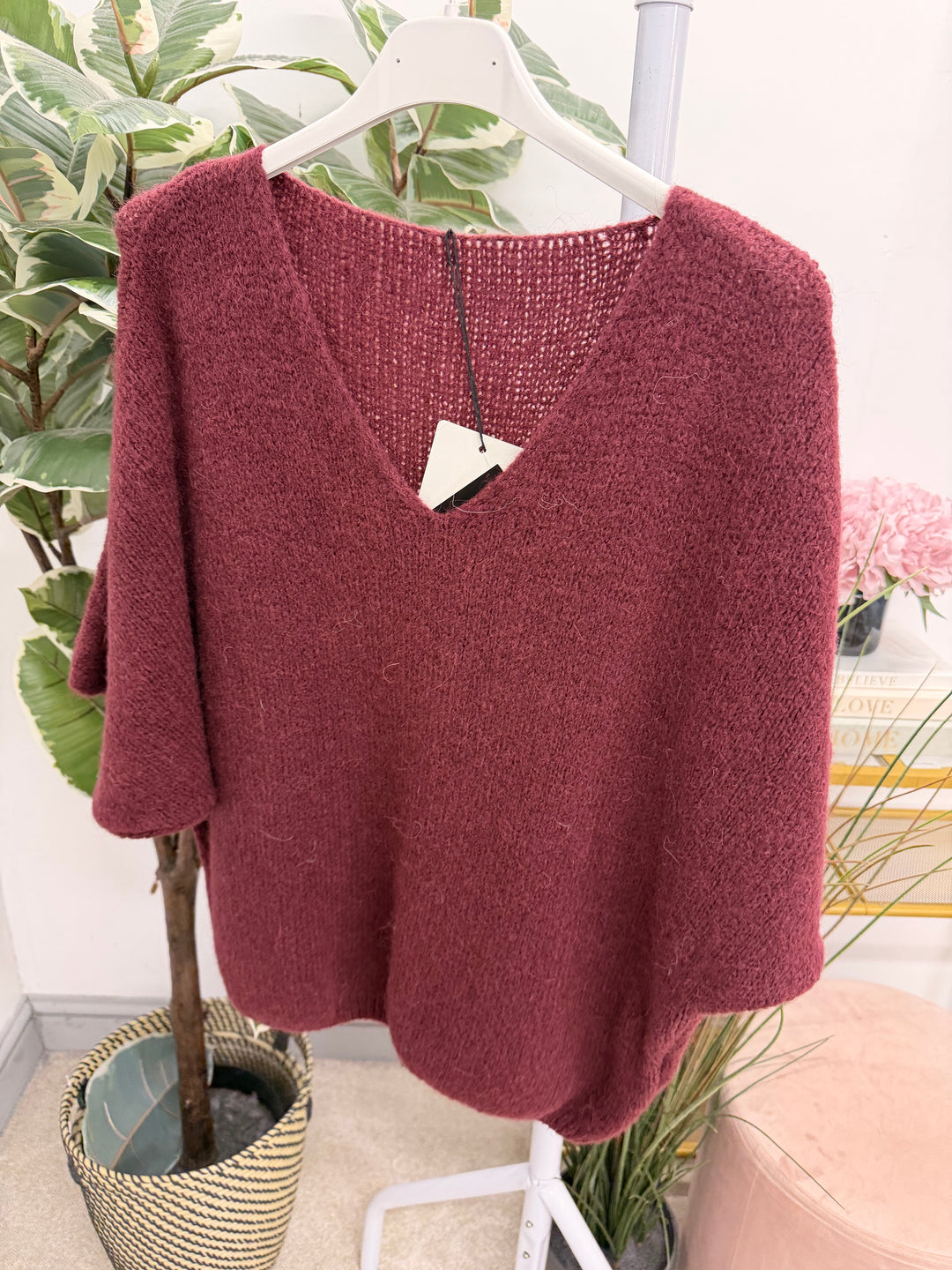 Womens fluffy knit short sleeve V neck jumper - Berry, Brown, Oatmeal, Blue & Khaki