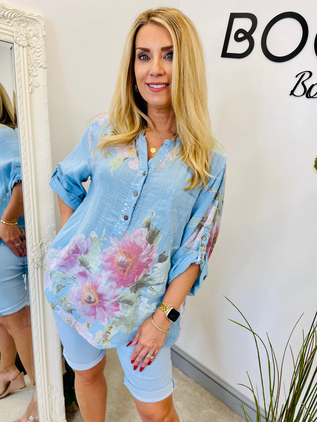 LADIES LIGHT LINEN FLORAL SUMMER TOP - PINK, WHITE, KHAKI, NAVY, YELLOW