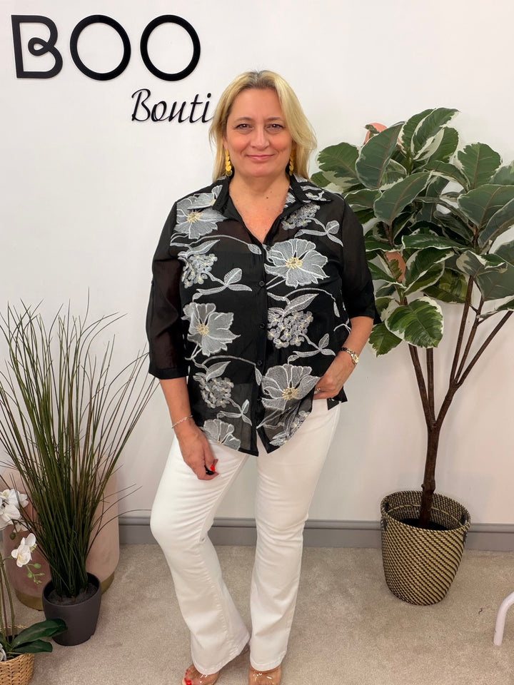 Ladies Sheer Embroidered Blouse - Black & White