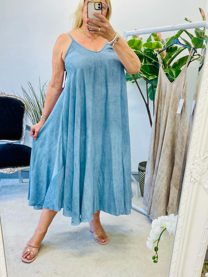 LADIES SUMMER CAMI MAXI DRESS - BEIGE & BLUE