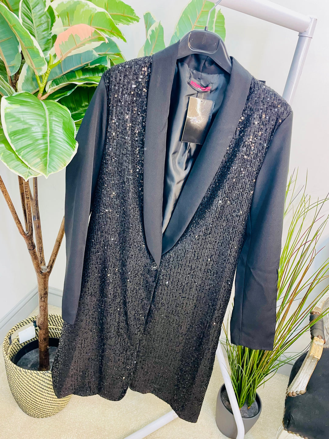 LADIES BLACK SEQUIN LONGLINE BLAZER JACKET
