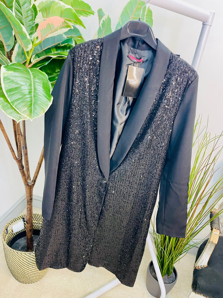 LADIES BLACK SEQUIN LONGLINE BLAZER JACKET