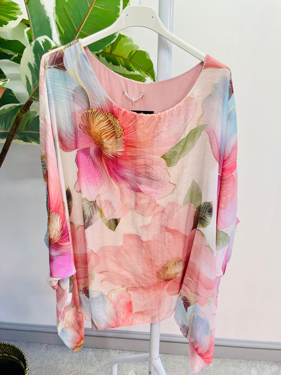 LADIES WOMENS BABY PINK FLOATY FEMININE FLORAL PRINT LOOSE FIT TOP BLOUSE