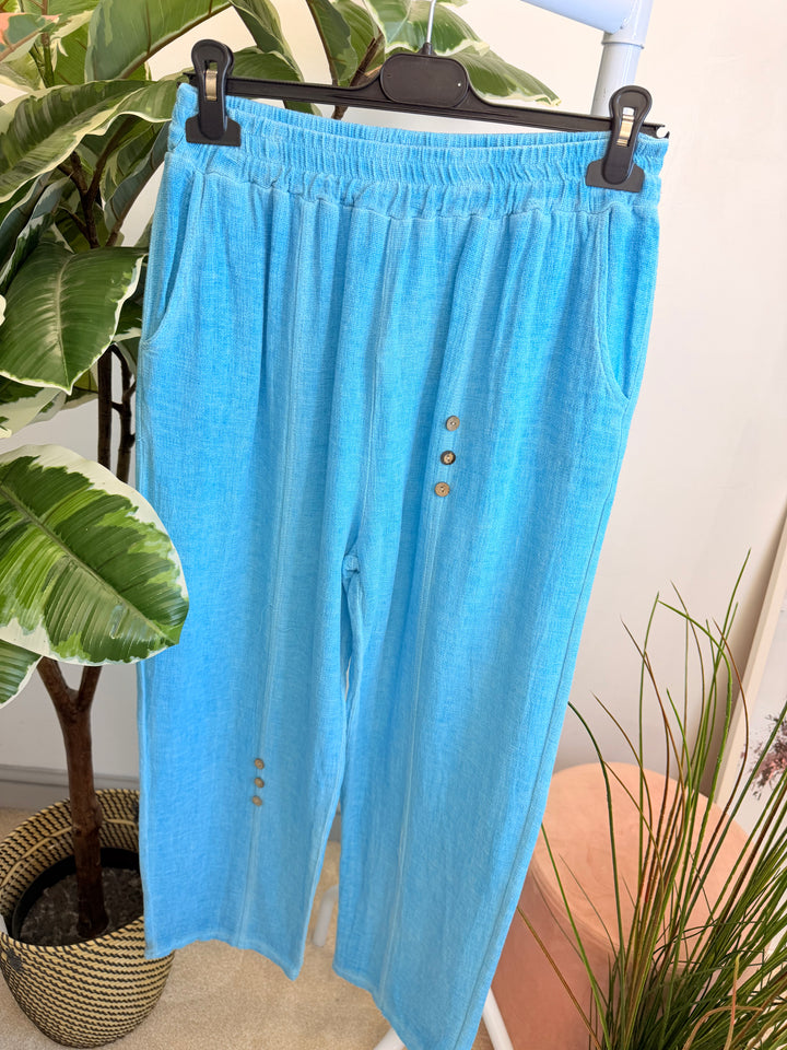 Ladies Tapered Leg Teabag Linen Ankle Grazer Trousers - Lemon, Black, Blue, Green, Beige, Turquoise & White