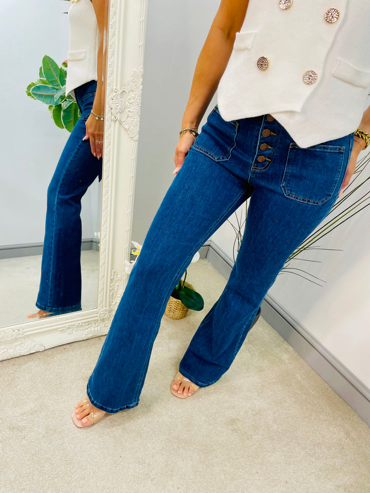 LADIES DARK DENIM HIGH WAIST FLARED LEG JEANS