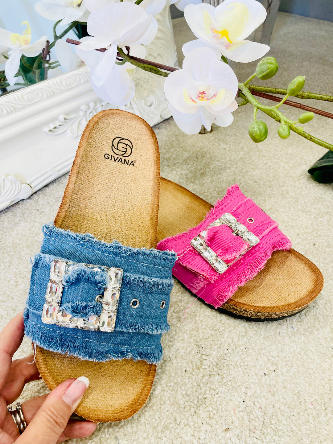 LADIES WOMENS DENIM DIAMANTE BUCKLE SLIDER SUMMER SANDALS