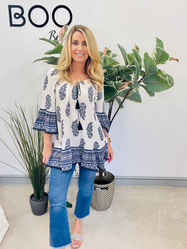 LADIES WOMENS NAVY & WHITE PAISLEY PRINT SMOCK SUMMER HOLIDAY TOP BLOUSE