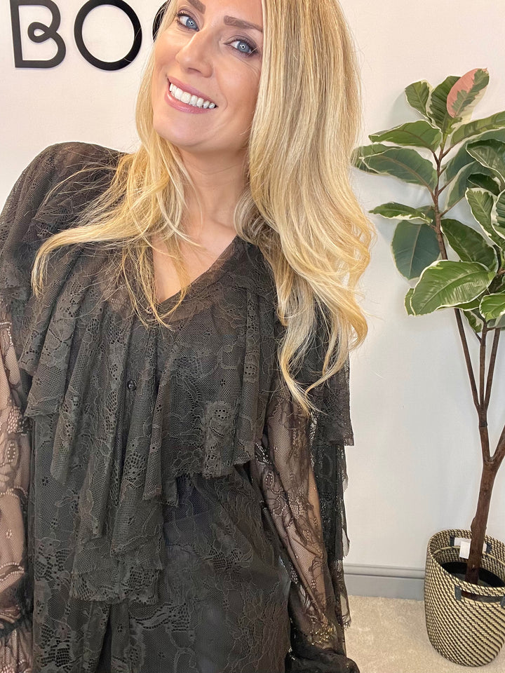 LADIES SHEER NET FRILL BLOUSE SHIRT - BLACK & BROWN