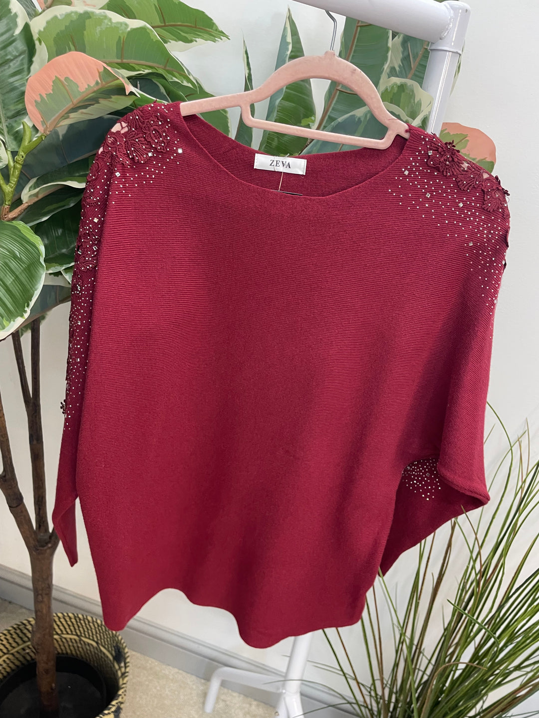 LADIES DIAMANTE SLEEVE BATWING JUMPER BURGUNDY WINE