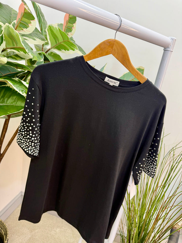 LADIES FASHION DIAMANTE T SHIRT - BLACK, WHITE & YELLOW