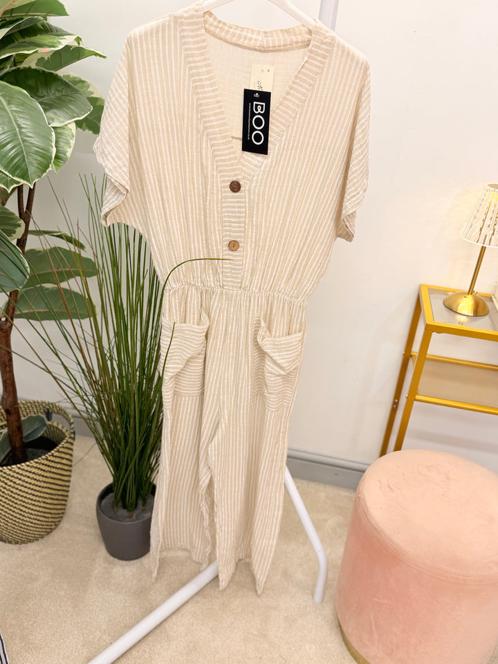 Ladies Linen Pinstripe Cropped Leg Jumpsuit - White, Navy & Beige