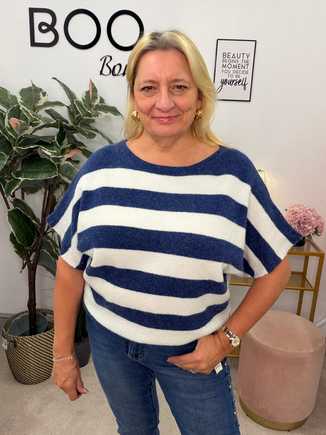 Ladies Fashion Wide Stripe Short Sleeve Jumper - Khaki, Blue & Brown