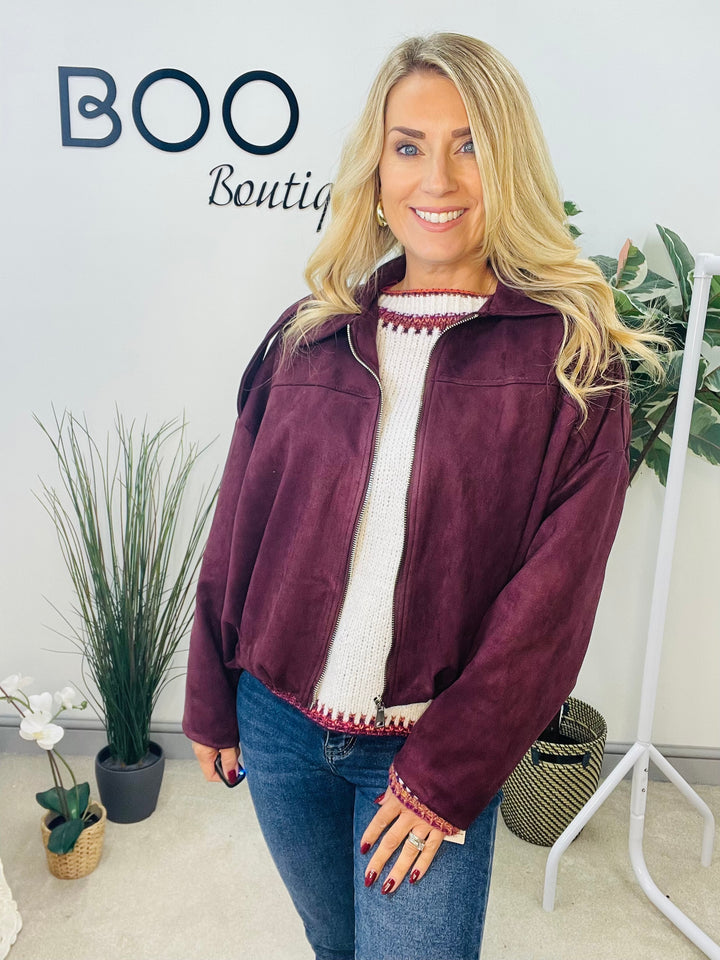 LADIES FASHION FAUX SUEDE BOMBER JACKET - BLACK, BEIGE, BROWN & BURGUNDY WINE