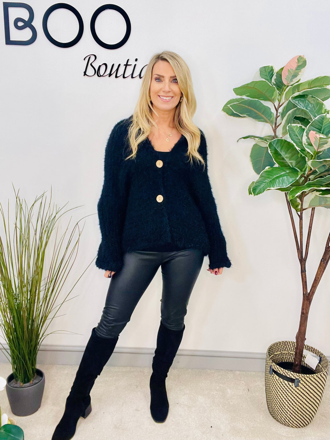 LADIES FLUFFY KNIT CARDIGAN - KHAKI, NAVY, GREY, BLACK, BEIGE, BROWN