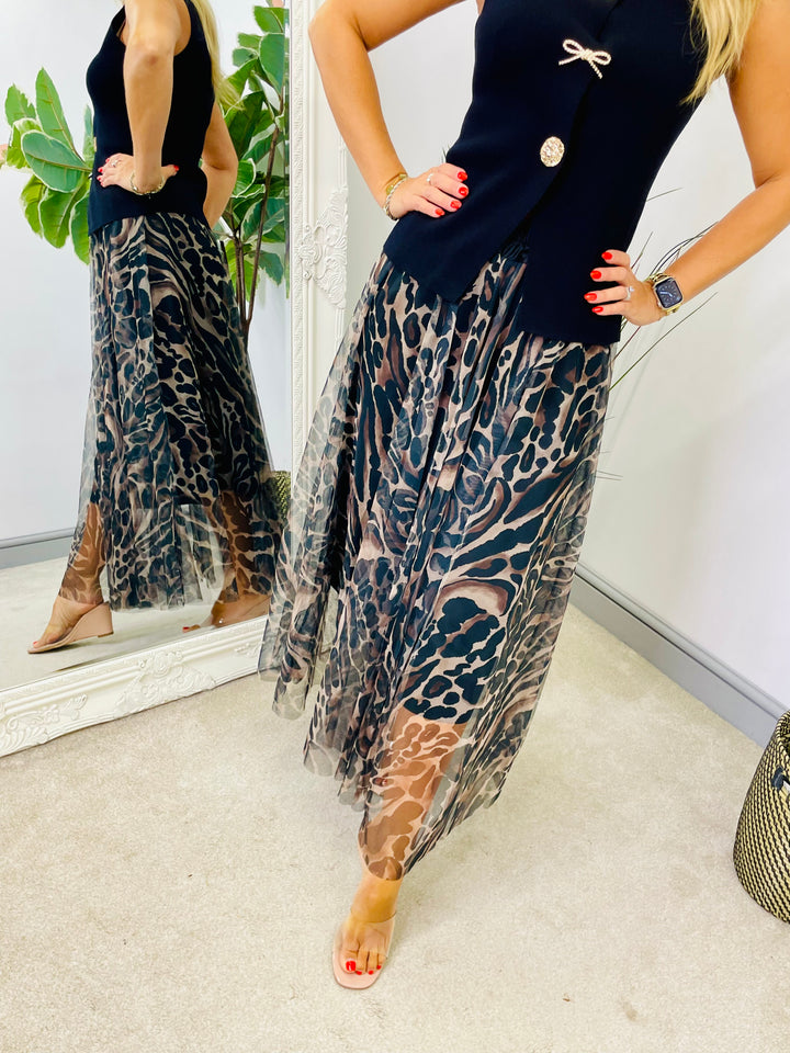 LADIES ANIMAL PRINT TULLE MAXI SKIRT - BLACK, BROWN & BURGUNDY