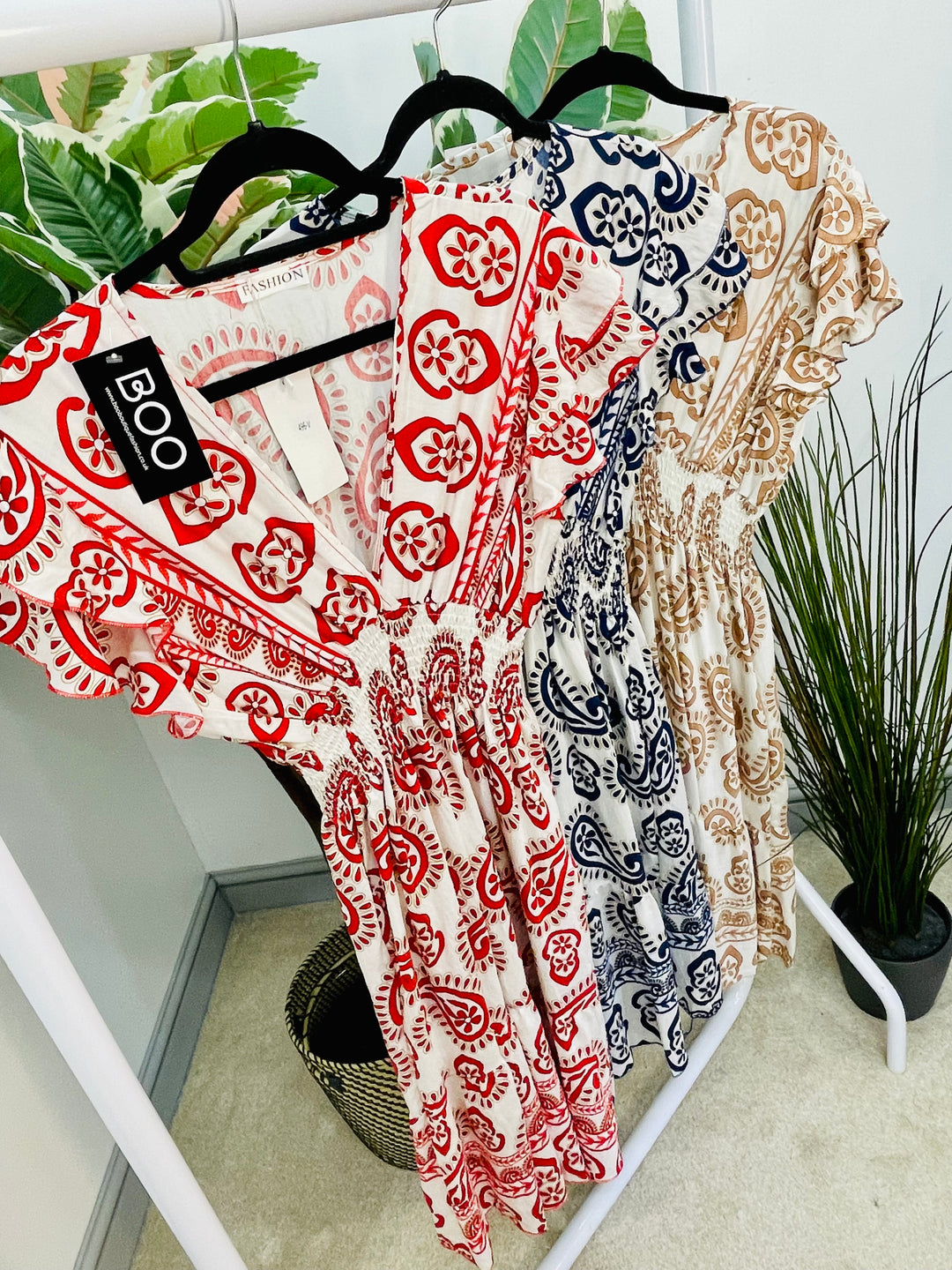 LADIES V NECK SUMMER MIDI DAY DRESS - NAVY, RED & BEIGE
