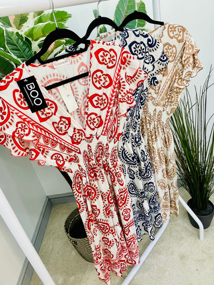 LADIES V NECK SUMMER MIDI DAY DRESS - NAVY, RED & BEIGE