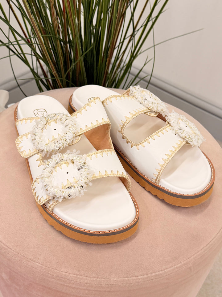 Ladies Fashion Buckle Comfy Moulded Footbed Slider Sandals white