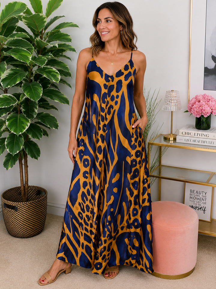 Ladies Satin Summer Maxi Holiday Dress - Navy, Teal & Chocolate