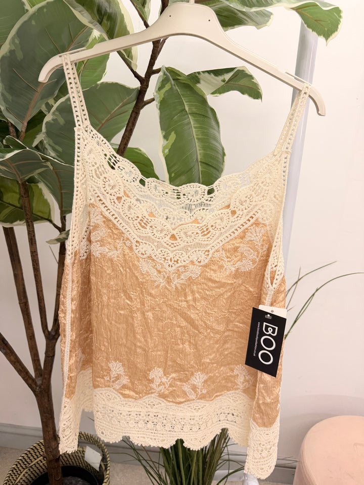 Ladies Fashion Silky Crochet Cami Top - Pink, Khaki, Blue, Cream, Beige, Green