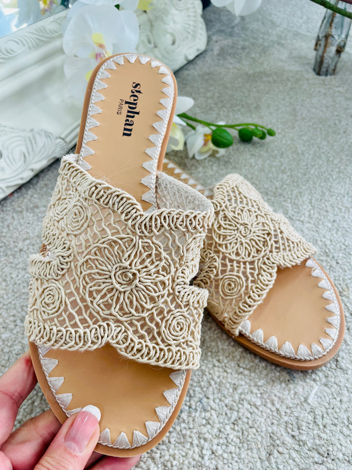 LADIES WOMENS CROCHET SLIDER SANDALS SHOES - YELLOW & BEIGE