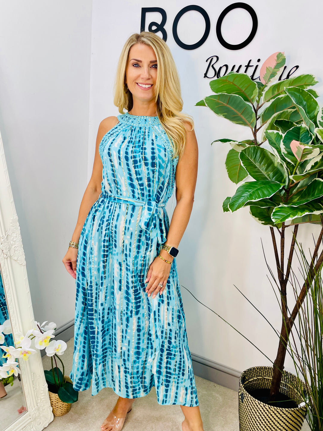 LADIES SUMMER PARTY EVENT MIDI DRESS - BLUE & ORANGE