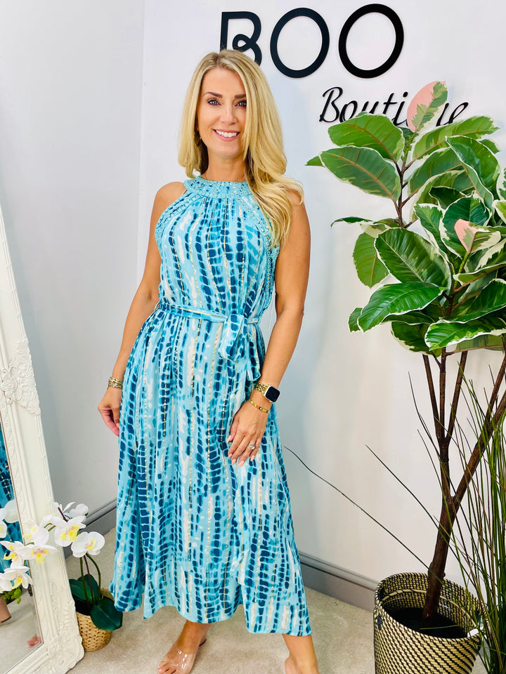 LADIES SUMMER PARTY EVENT MIDI DRESS - BLUE & ORANGE