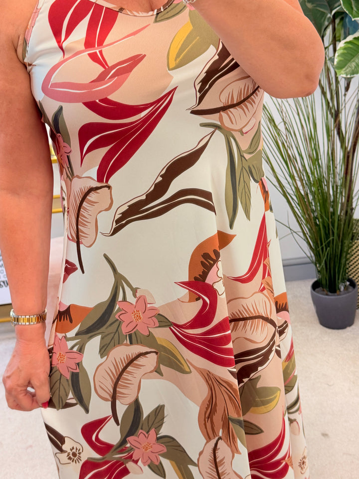 Ladies Cream Red Leaf Print Satin Summer Maxi Strappy Dress