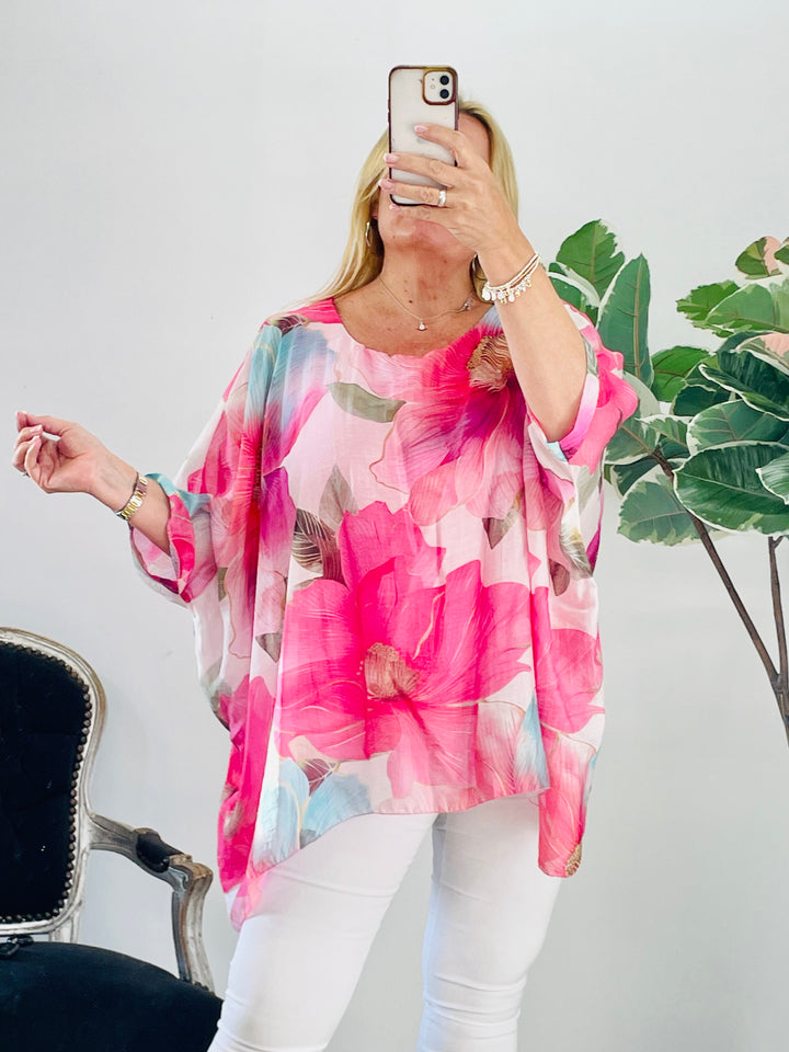 LADIES WOMENS FUSCHIA PINK FLOATY FEMININE FLORAL PRINT LOOSE FIT TOP BLOUSE