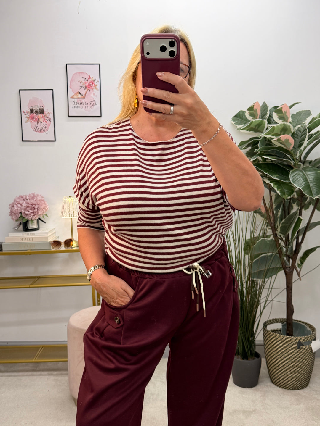 Ladies Fashion Soft Knit Stripe Top - Chocolate, Lime, Blue & Burgundy