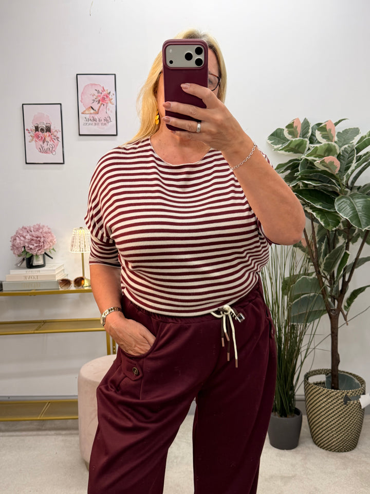 Ladies Fashion Soft Knit Stripe Top - Chocolate, Lime, Blue & Burgundy