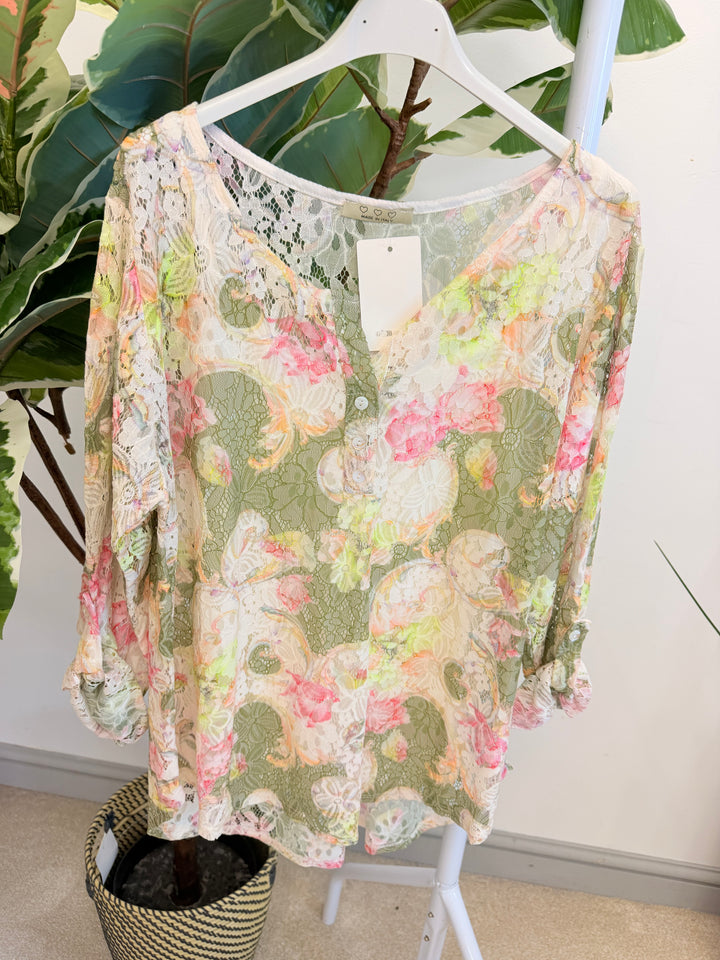 Ladies Lace Grandad Top - Khaki, Pink, Beige & White