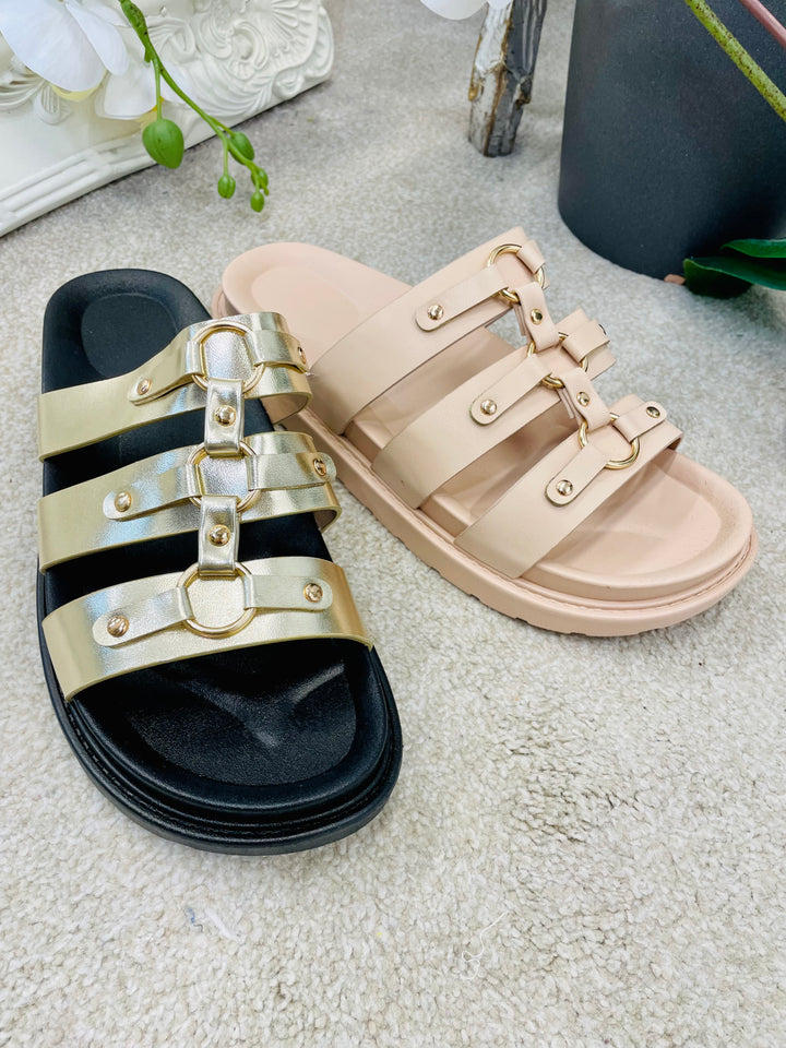 LADIES FLAT FOOTBED BUCKLE SLIDER SUMMER SANDALS - GOLD & NUDE